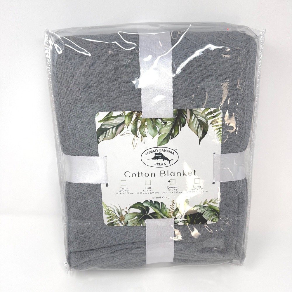 Tommy Bahama Relax Island Grey Cotton Blanket Queen Herringbone Textured NEW